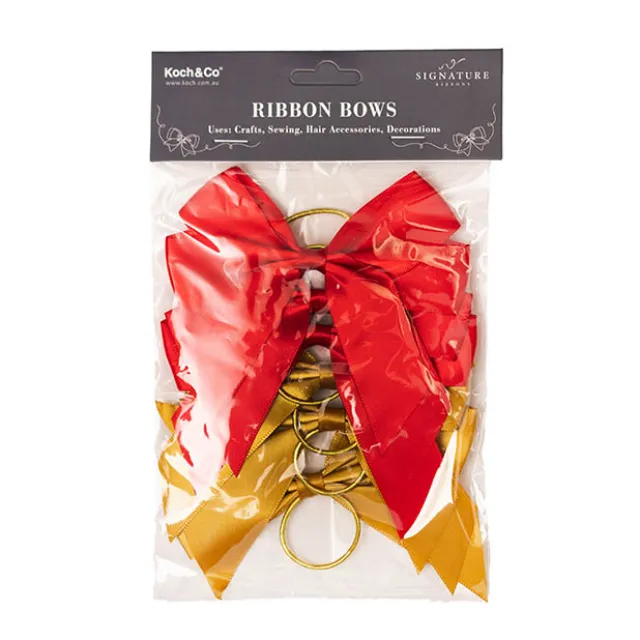 Pre-Made Bow Satin 25mm & Elastic Tie Pk6 Red Gold (10*11cm)