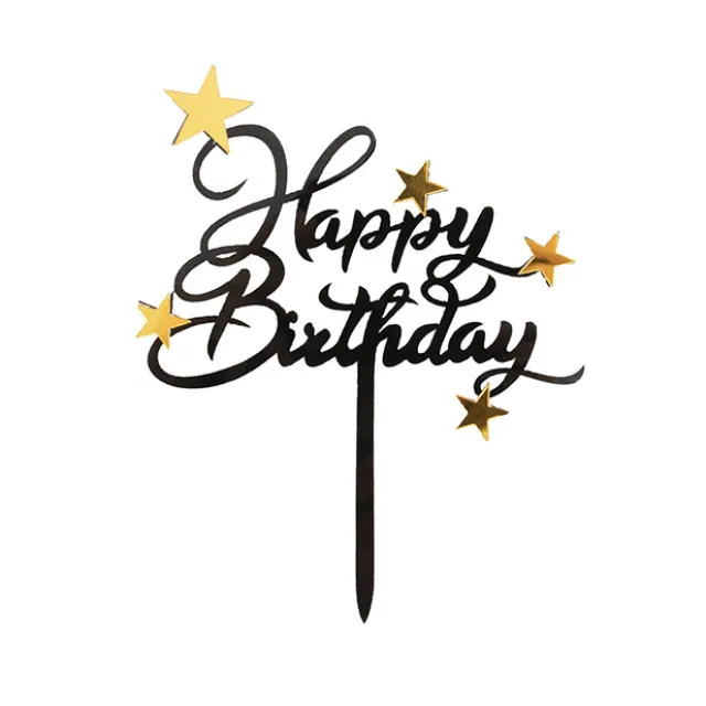 Cake Topper Happy Birthday Stars Acrylic Black (11cmWx13cmH)