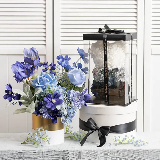 Amore Rose Bear w Black Bow Gradation Ombre Black (25cmH)