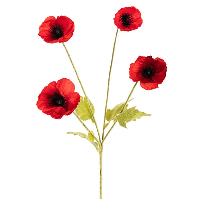 Poppy Spray 4x Flowers Black Centre Red (58cmH)