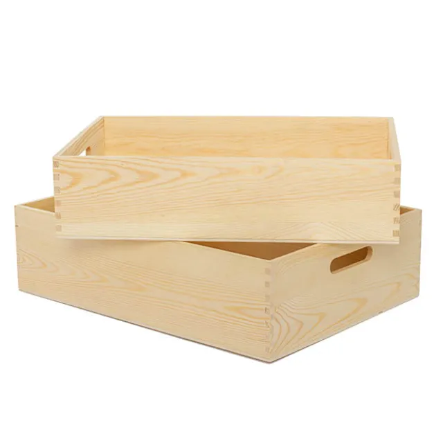 Premium Wooden Crate Box Tray Natural XL Set 2 (48x35x13cmH)