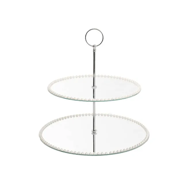 Elegant Cake Stand 2 Tier Mirror Pearl Edge Silver (32cmH)