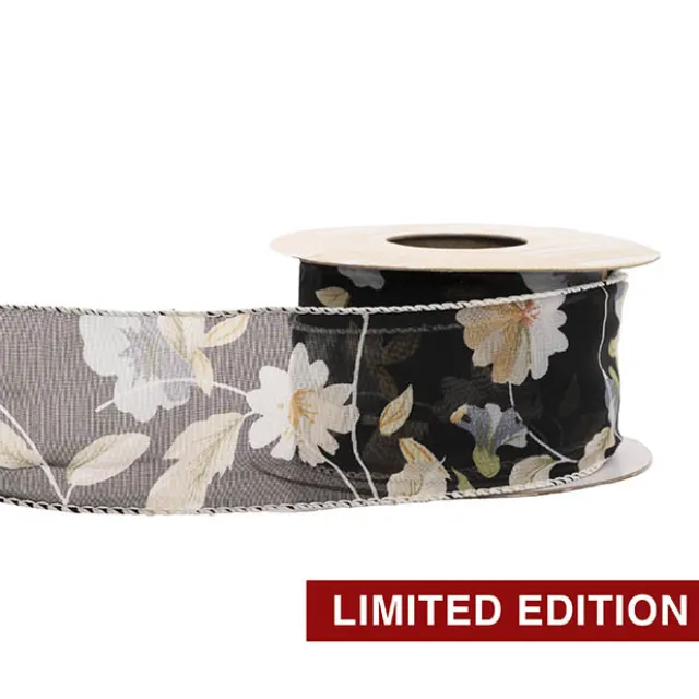 Ribbon Chiffon Fabulous Florals Sewn Edge Black (50mmx10m)
