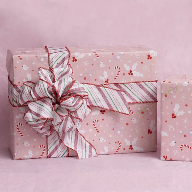 Ribbon Linen Christmas Pink Candy Stripe Wire (60mmx20m)