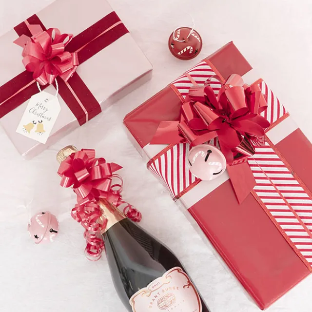 Ribbon Pull Bow Pom Pom Red (18mmx8.75cmD) Pack 5