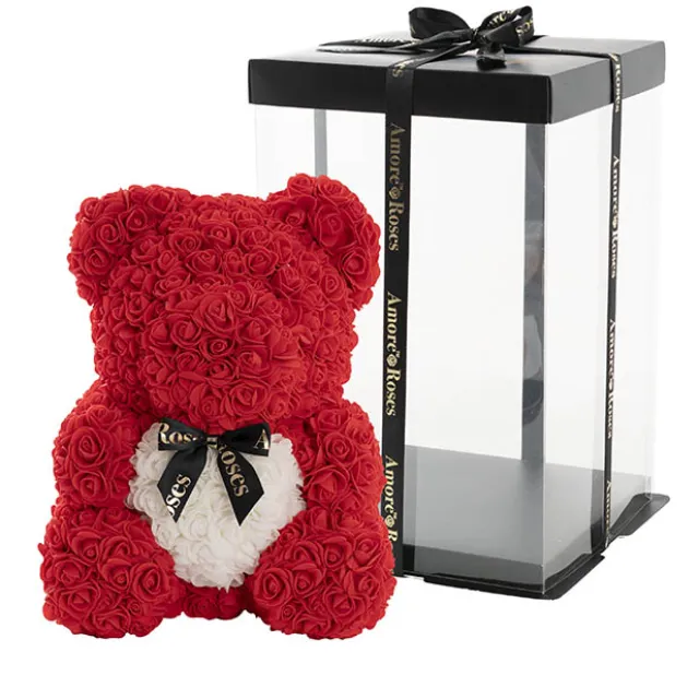 Amore Rose Bear Large w White Heart & Black Bow Red (35cmH)
