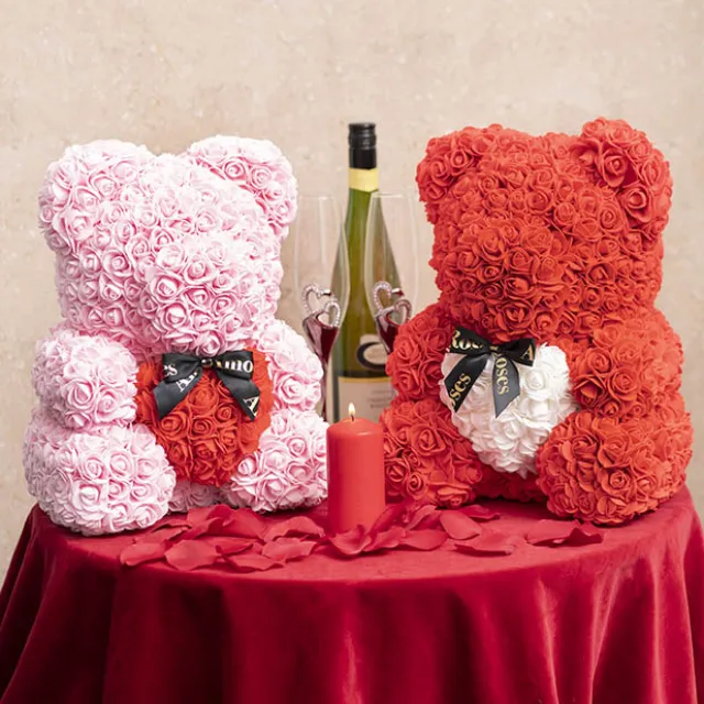 Amore Rose Bear Large w White Heart & Black Bow Red (35cmH)