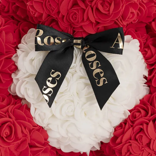 Amore Rose Bear Large w White Heart & Black Bow Red (35cmH)