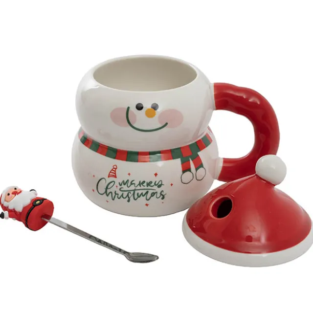 Smiley Snowman Ceramic Mug w Spoon Red (8.5x13.5cmH)