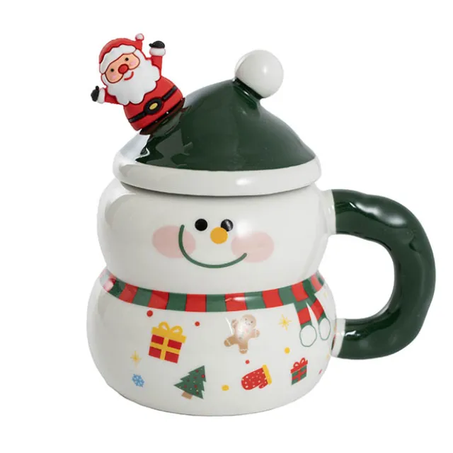 Smiley Snowman Ceramic Mug w Spoon Dark Green (8.5x13.5cmH)