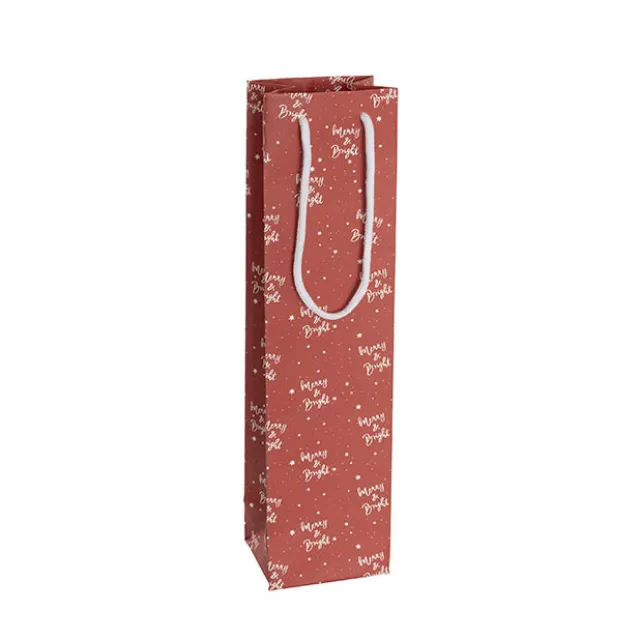 Wine Bag Single w Rope Merry & Bright Red Pk5 (11Wx9Gx42cmH)