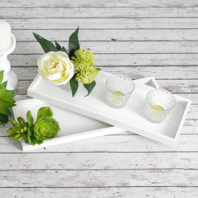 Wooden Tray Low Edge Rectangle White Wash (41x15x2.6cmH)