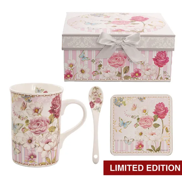 Butterfly Rose Mug Spoon Coaster Gift Set Soft Pink (320mL)